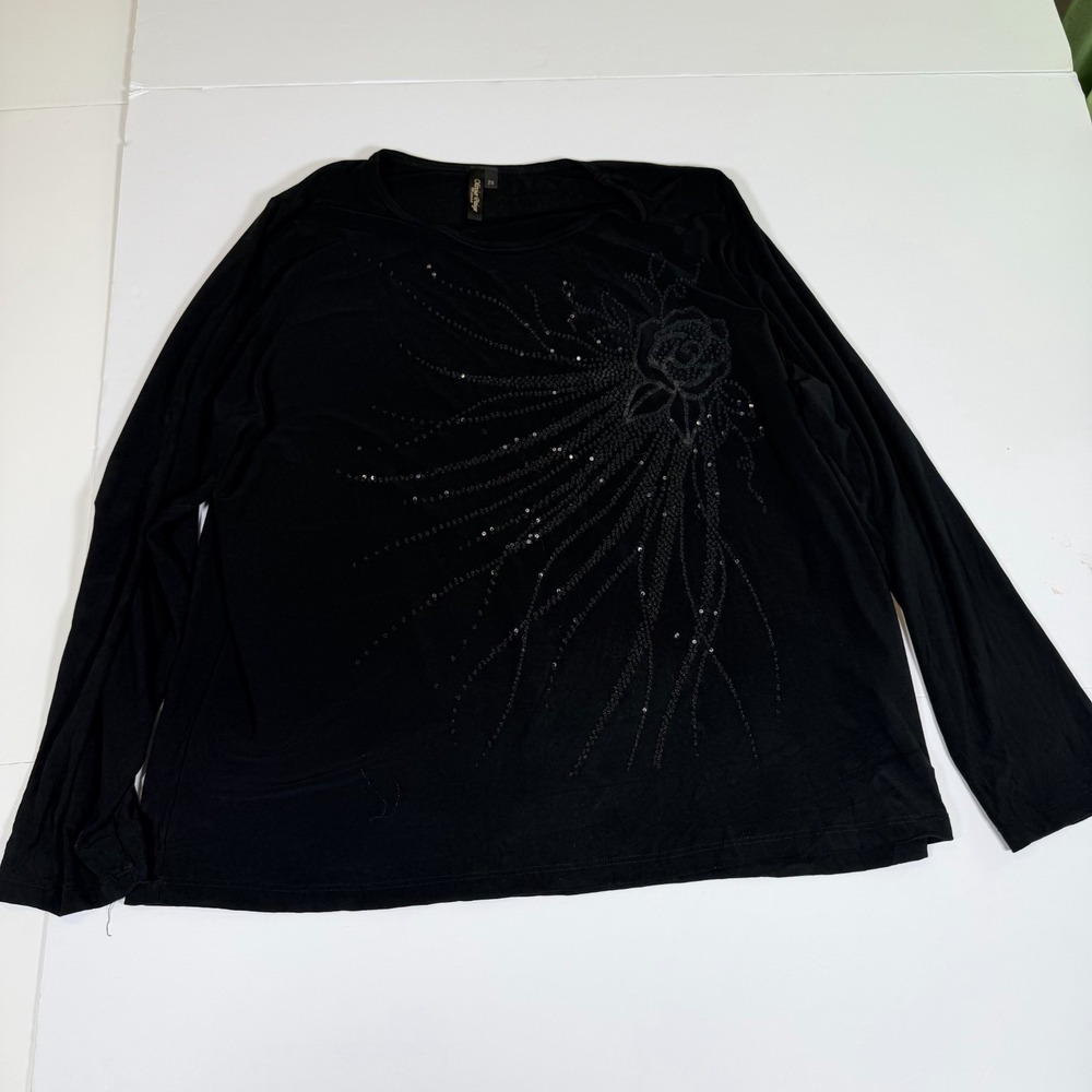 Olivia Paige Blouse Top Womens 2X Black Sequin Flower Long Sleeve Round Neck